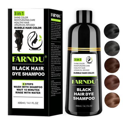 Farndu front bottle showing label and black shampoo for easy identification and benefit