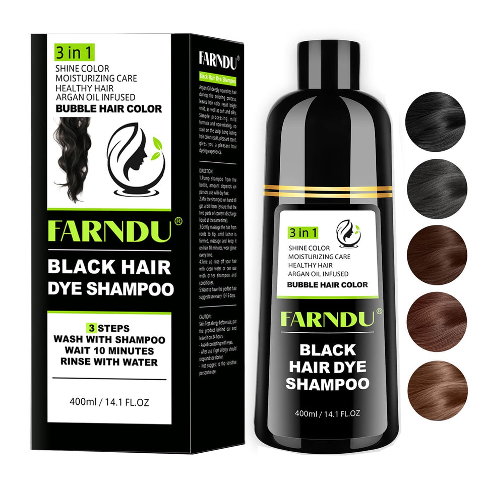 Farndu front bottle showing label and black shampoo for easy identification and benefit