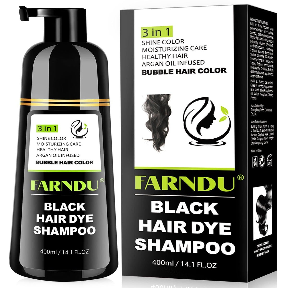 Farndu front packaging showing black hair dye shampoo and clear benefits