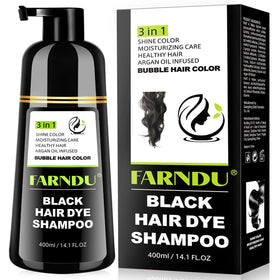 Farndu front packaging showing black hair dye shampoo and clear benefits