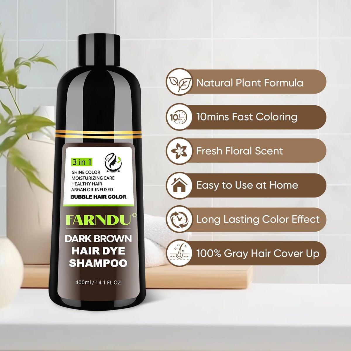 Farndu lifestyle image woman with dark brown hair after use
