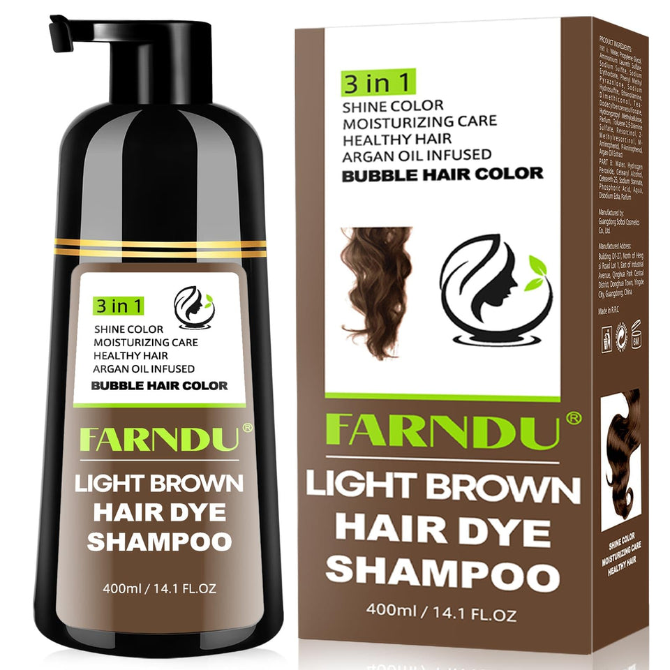 Farndu front bottle showing light brown shampoo and clear branding for easy identification