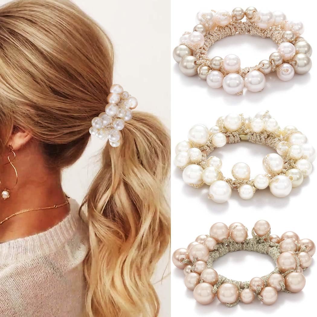 Fashey front view pack of three pearl scrunchies for polished styling