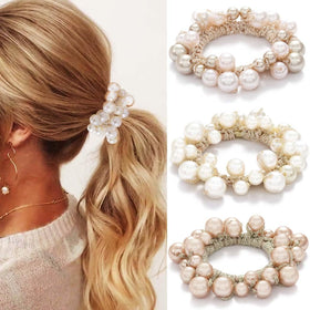 Fashey front view pack of three pearl scrunchies for polished styling