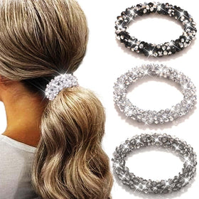 Fashey silver rhinestone hair ties front view showing sparkly finish and pack of three