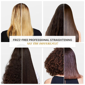 Side-by-side before and after with Fashion Gold demonstrating frizz reduction benefit