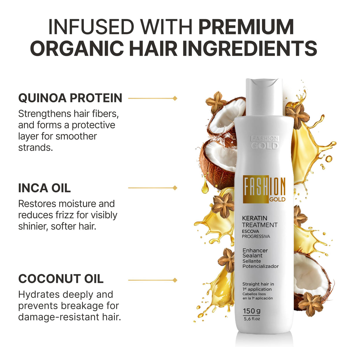 Fashion Gold before and after hair panel showing reduced frizz and shine