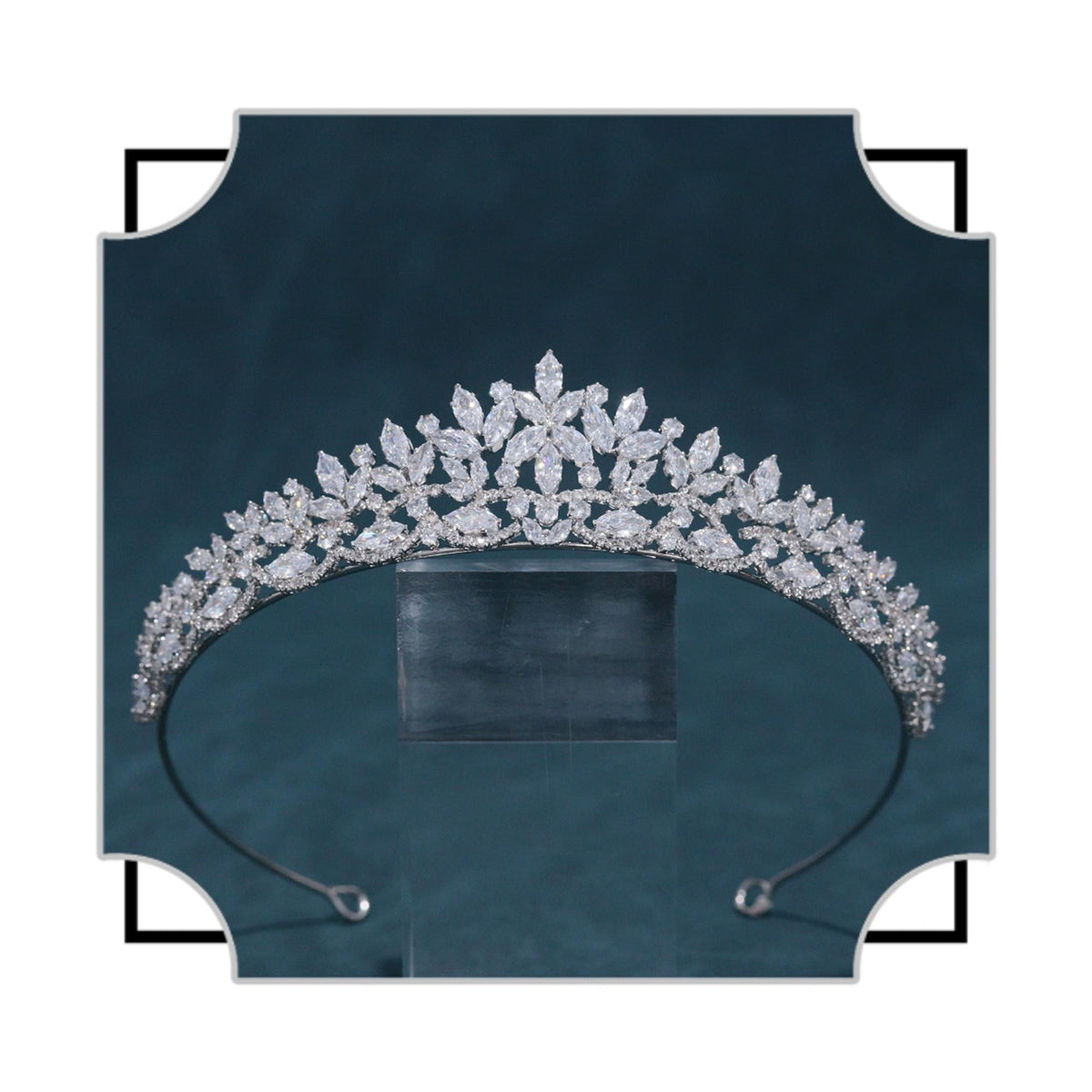 FASNAHOK front view of silver CZ tiara showing balanced floral silhouette and sparkle