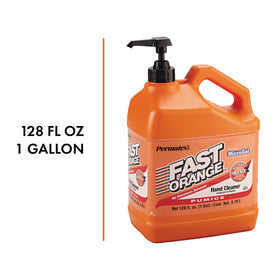 Fast Orange bottle at a workbench being pumped onto hands, removing grease efficiently