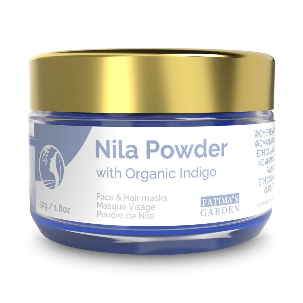 Fatima's Garden front packaging showing 50g Nila powder and Moroccan branding, promotes natural care