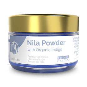 Fatima's Garden front packaging showing 50g Nila powder and Moroccan branding, promotes natural care