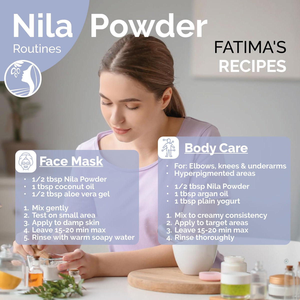 Fatima's Garden measuring scoop with powder portion ready, helps accurate DIY recipe dosing