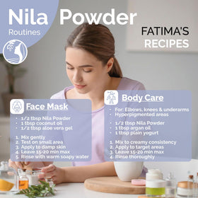 Fatima's Garden measuring scoop with powder portion ready, helps accurate DIY recipe dosing