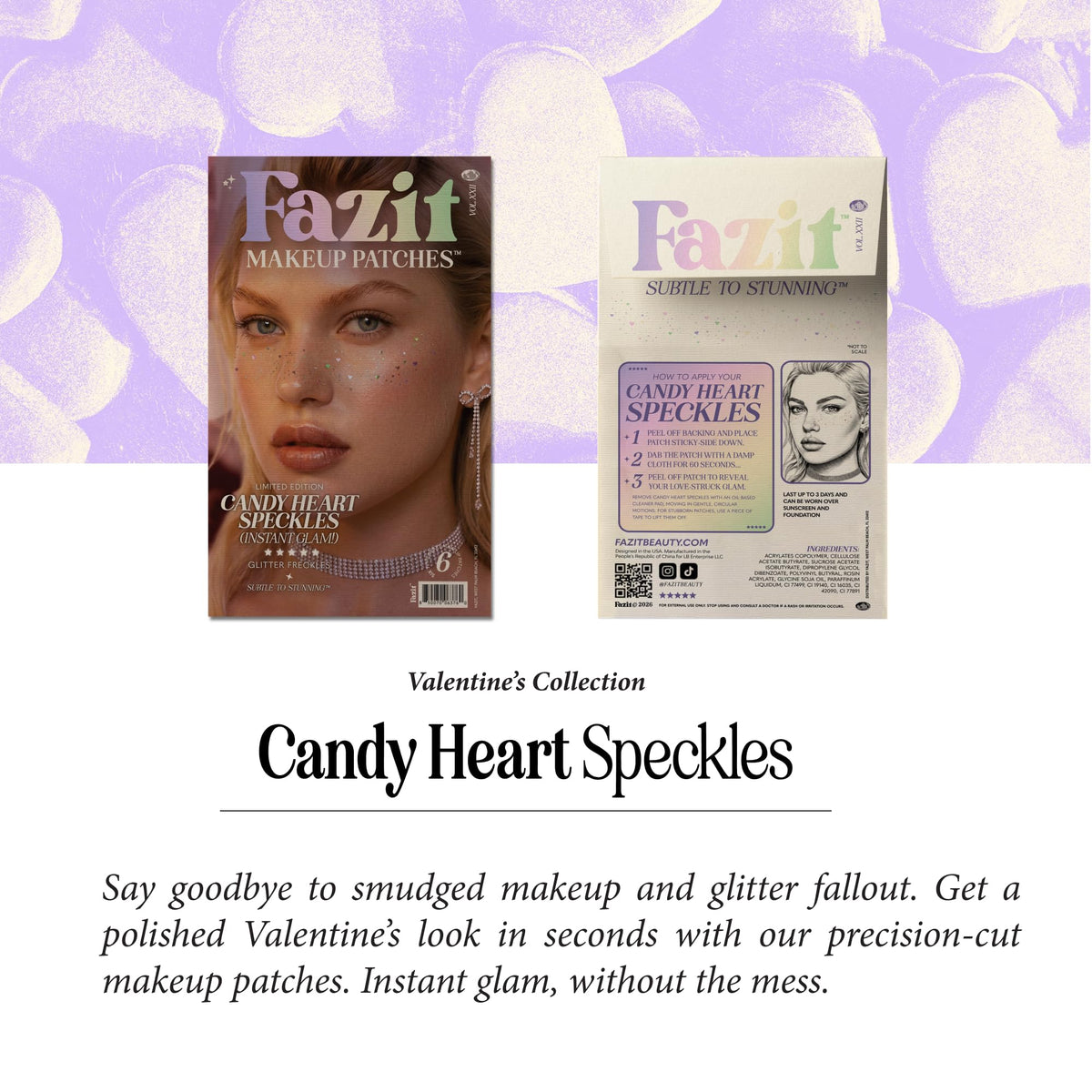 Lifestyle mirror shot of user applying Fazit candy heart speckles showing instant playful makeup transformation