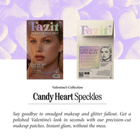 Lifestyle mirror shot of user applying Fazit candy heart speckles showing instant playful makeup transformation
