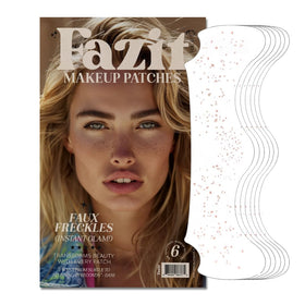 Fazit front packaging showing faux freckles and glitter patches, clear instructions benefit