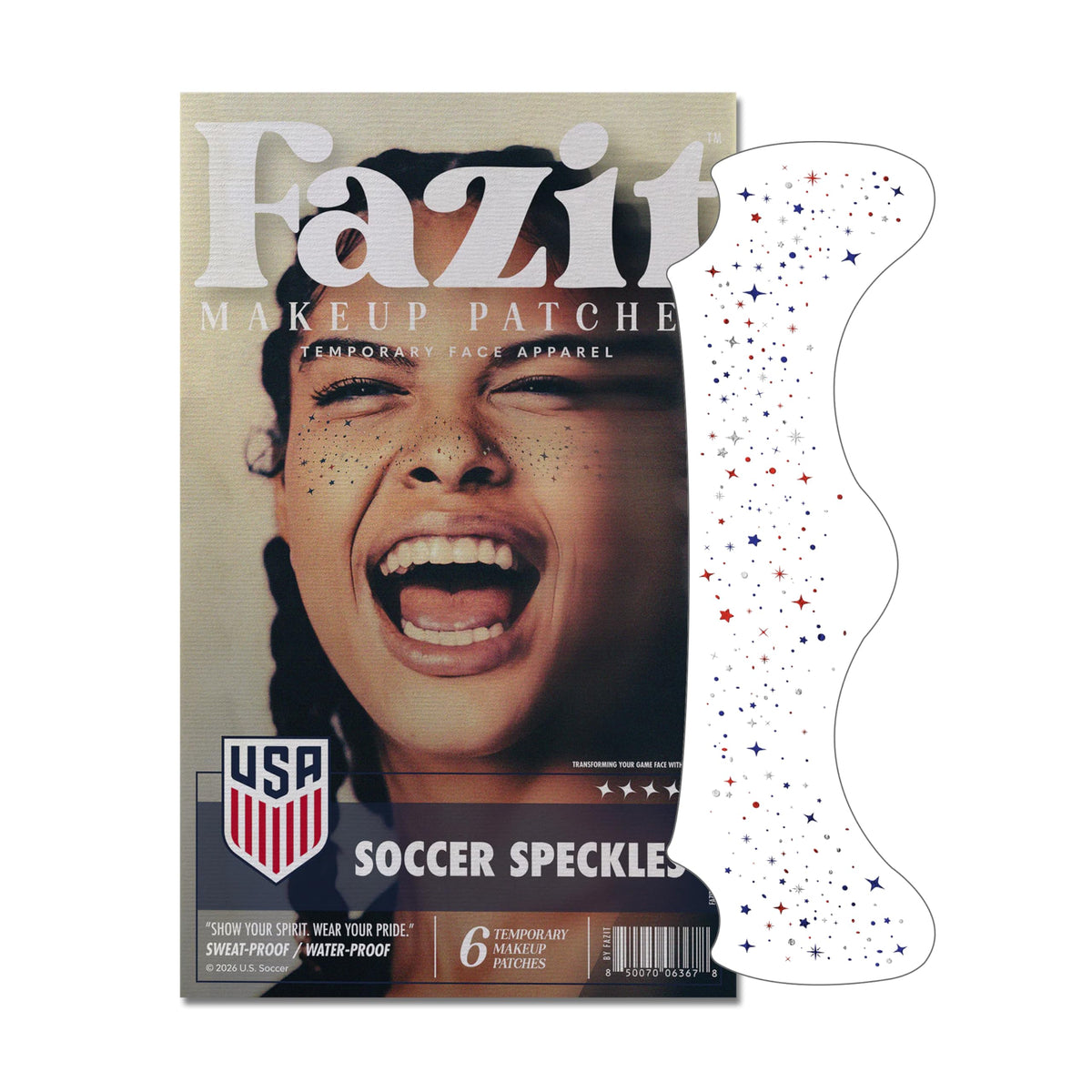 Fazit front packaging showing patriotic glitter decals and easy application benefit
