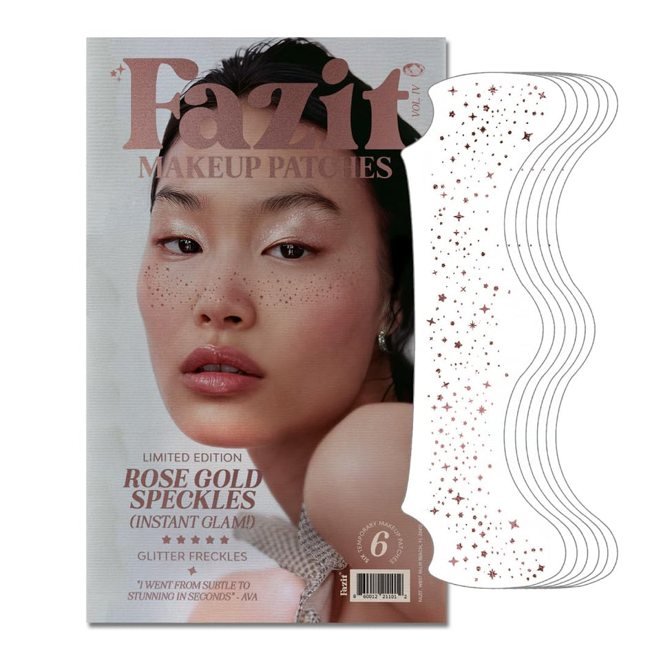 Fazit front packaging showing six rose gold speckle patches and benefits