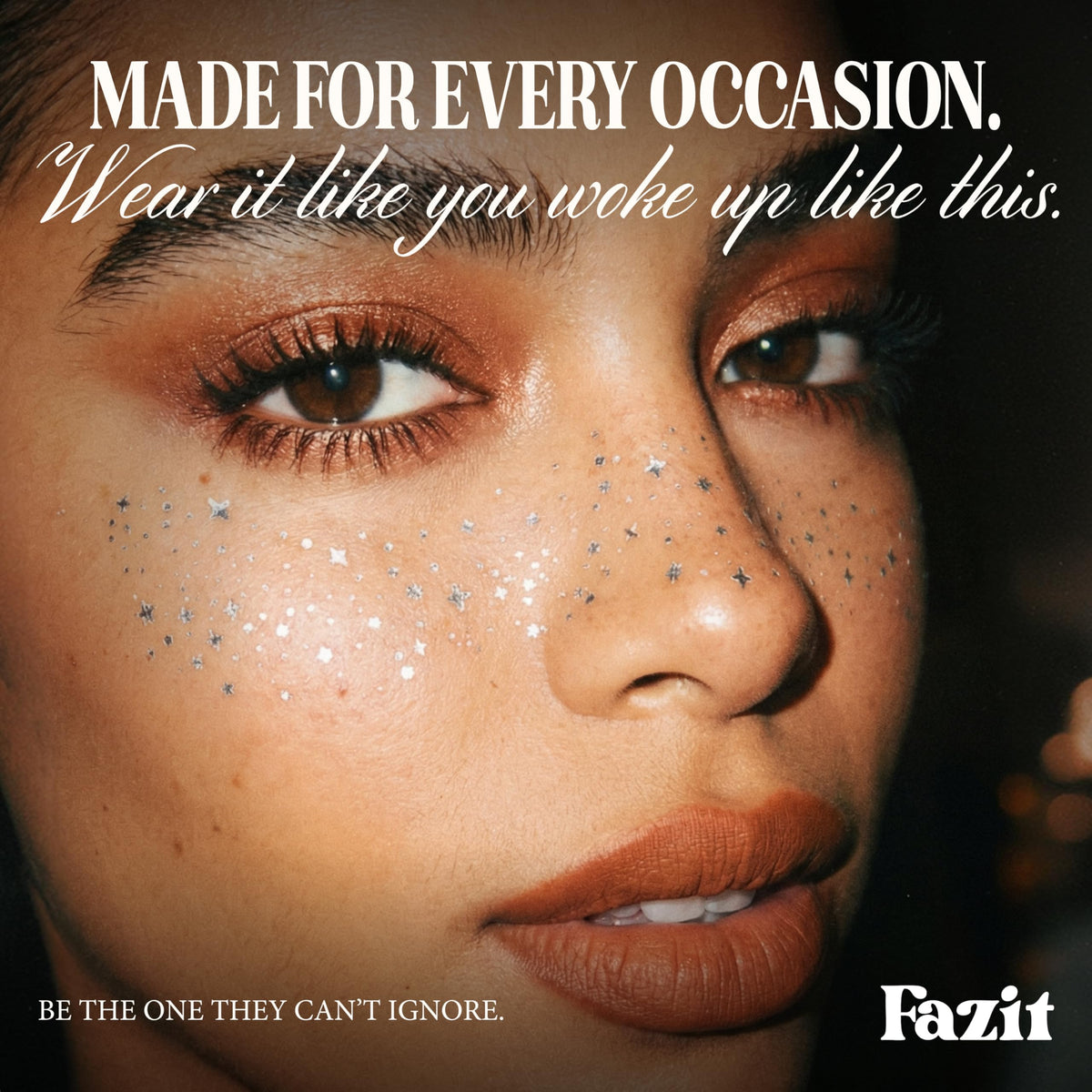 Model wearing Fazit on collarbone for body sparkle ideal for parties and stage presence