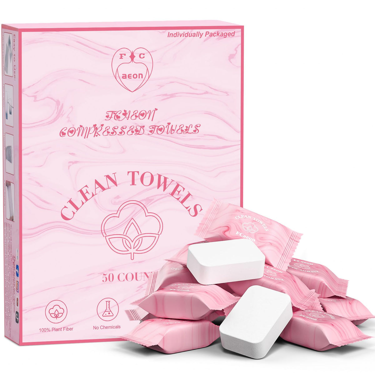 FCaeon front packaging showing individually wrapped compressed towels and features