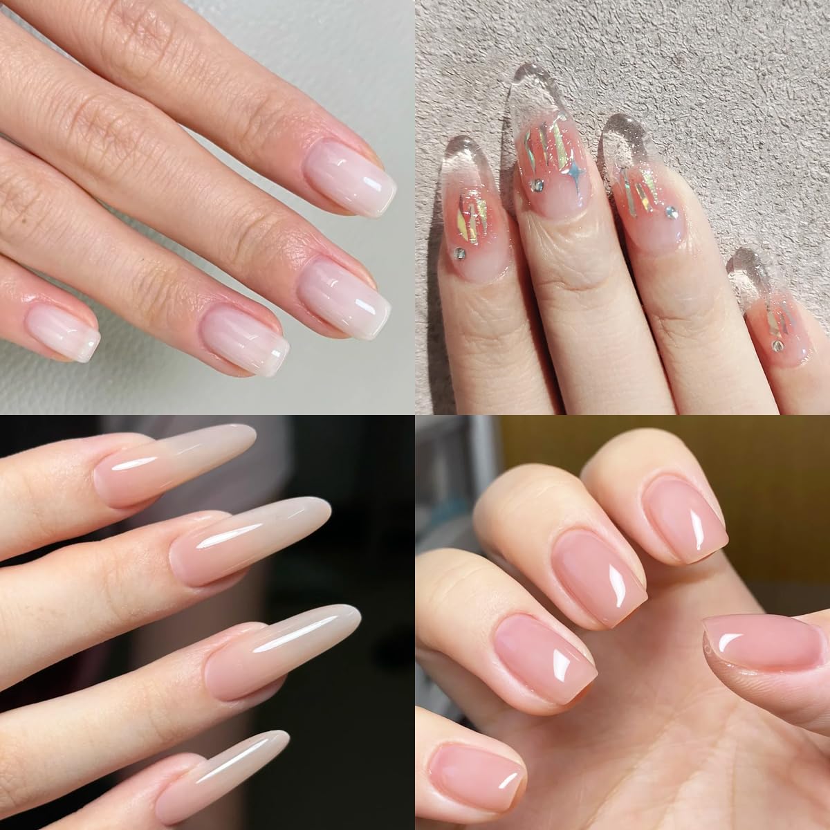 Fcozpjk color swatch strip on nail tips comparing clear, milky white, nude pink, light pink
