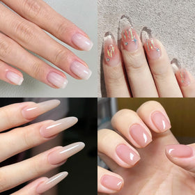 Fcozpjk color swatch strip on nail tips comparing clear, milky white, nude pink, light pink
