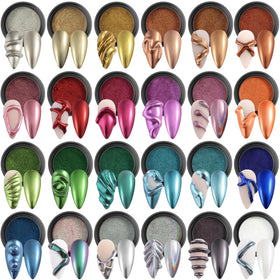 Fcozpjk front packaging showing 24 chrome powders and applicators for versatile nails