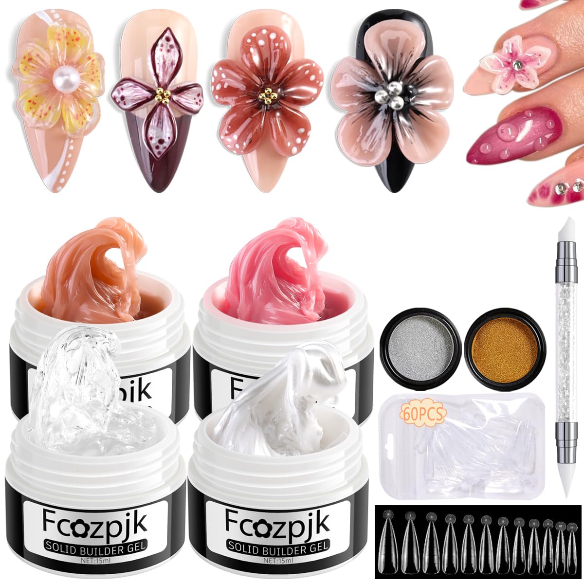 Fcozpjk front packaging showing four gel bottles and accessories for easy identification
