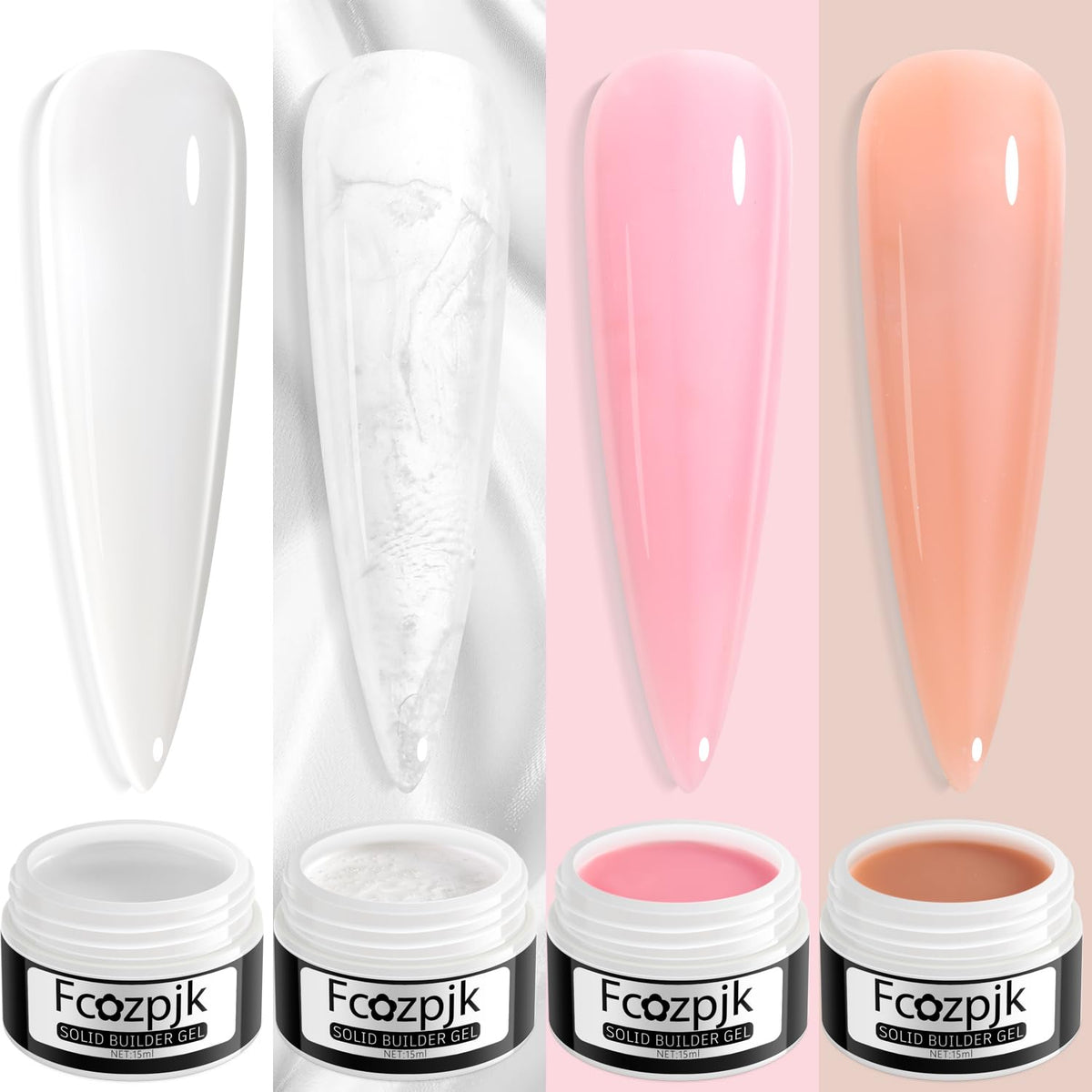 Fcozpjk gel bottles close-up showing clear, nude pink, skin tone, pearly white benefits