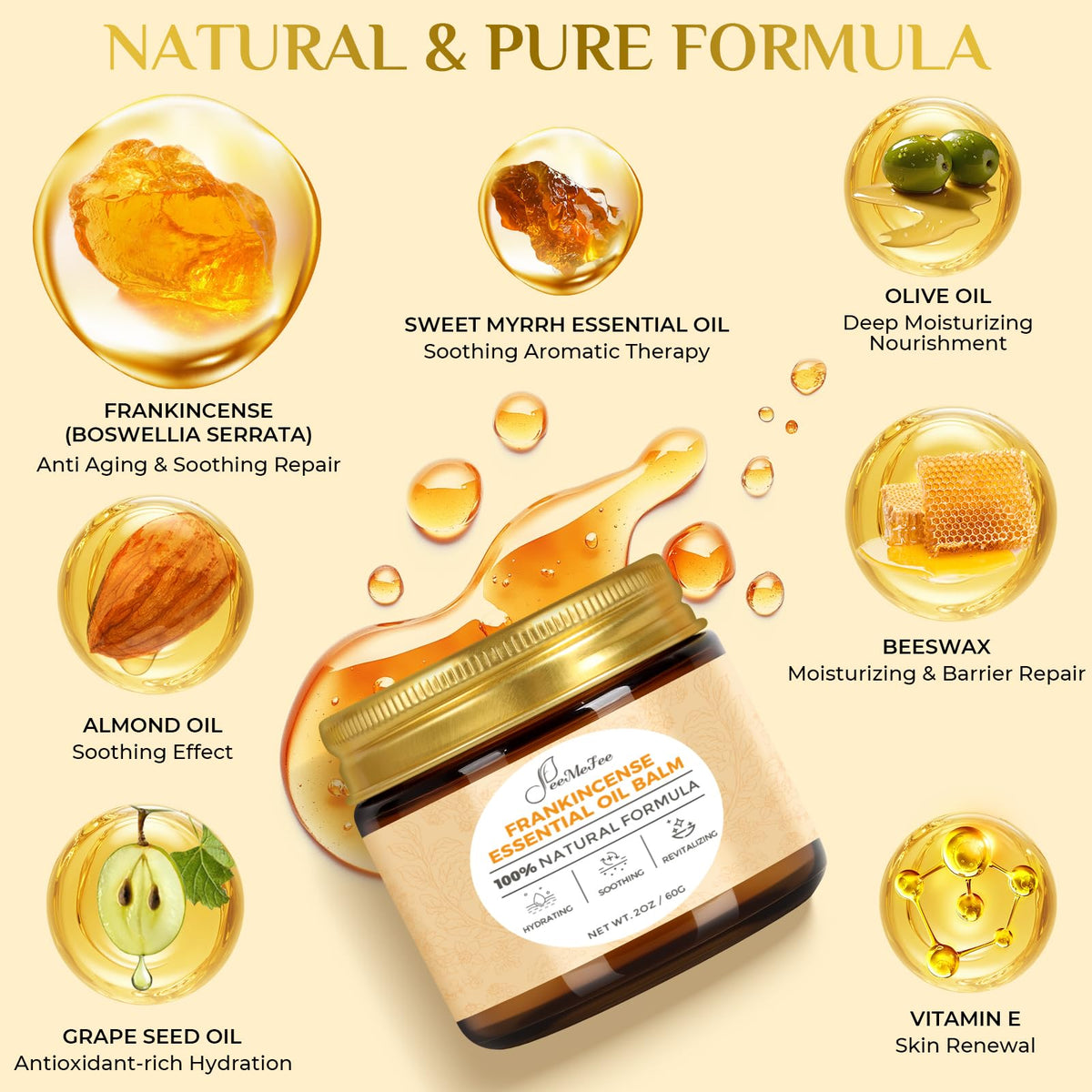 FeeMeFee ingredients flatlay showing frankincense, myrrh and plant oils