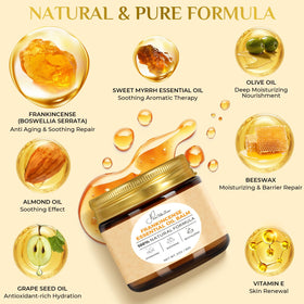 FeeMeFee ingredients flatlay showing frankincense, myrrh and plant oils