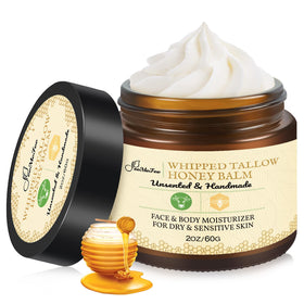 FeeMeFee front jar showing unscented beef tallow balm, clear labeling and compact size