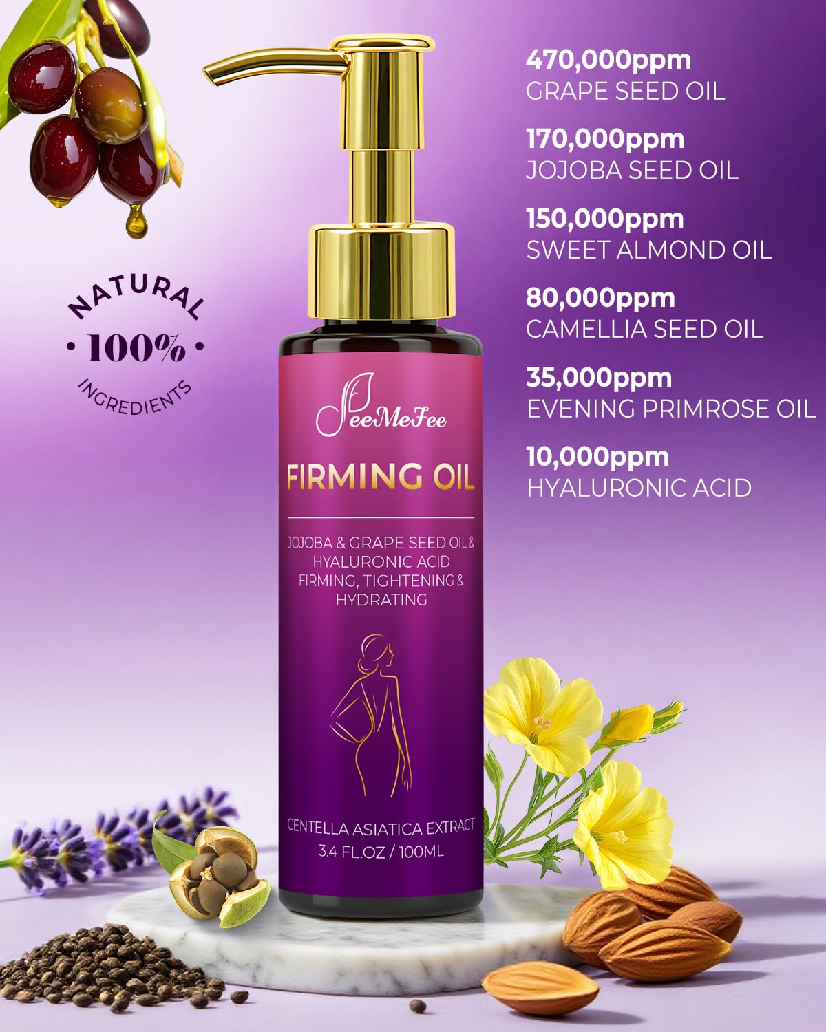 FeeMeFee ingredients label closeup highlighting grape seed, jojoba, and hyaluronic acid