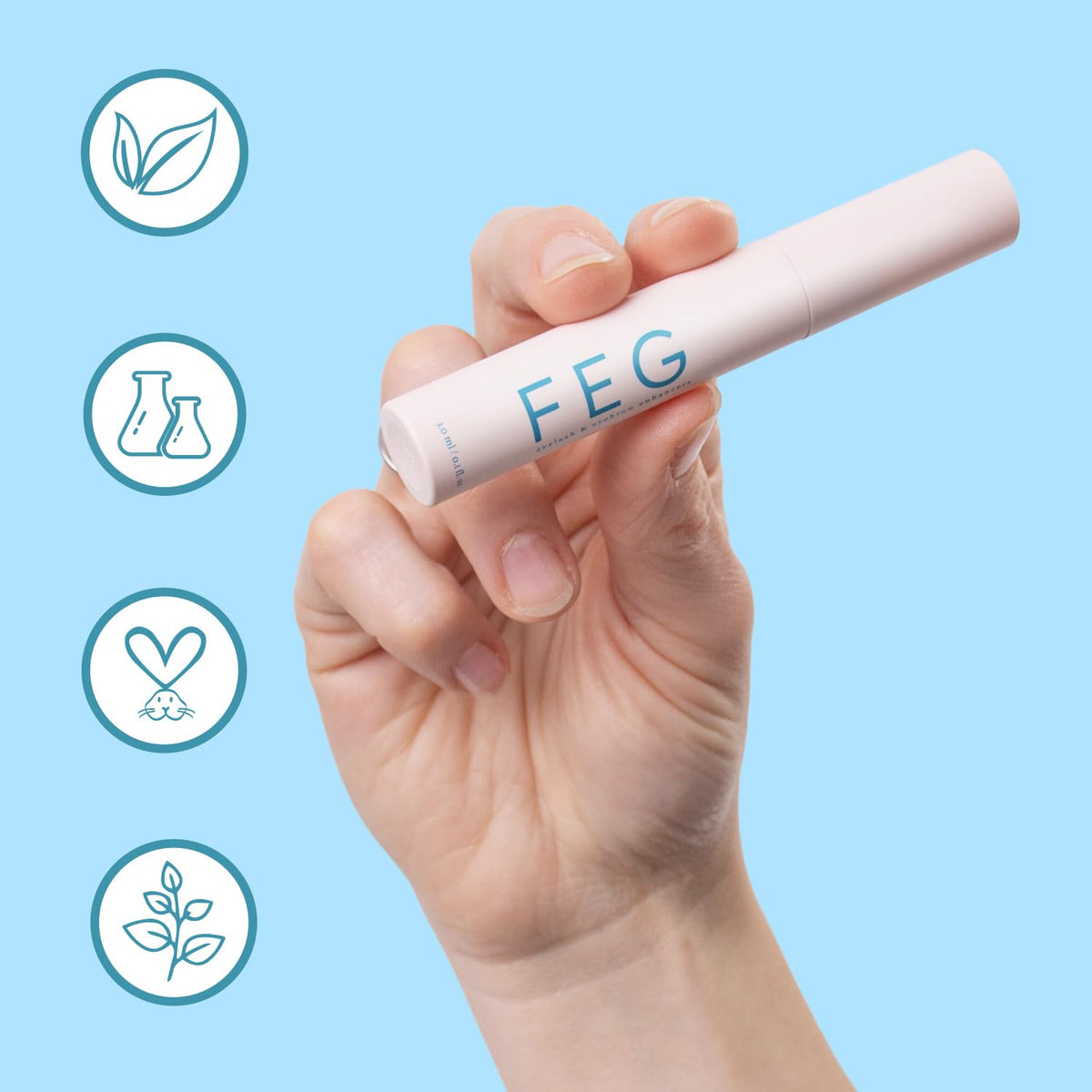 FEG serum texture drop on fingertip showing lightweight formula and absorption