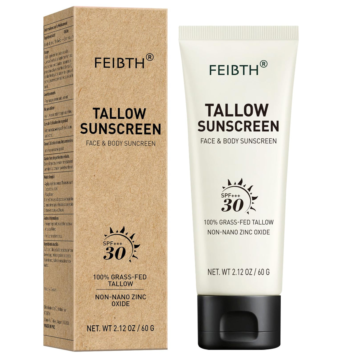FEIBTH front tin view showing compact travel-friendly sunscreen benefits