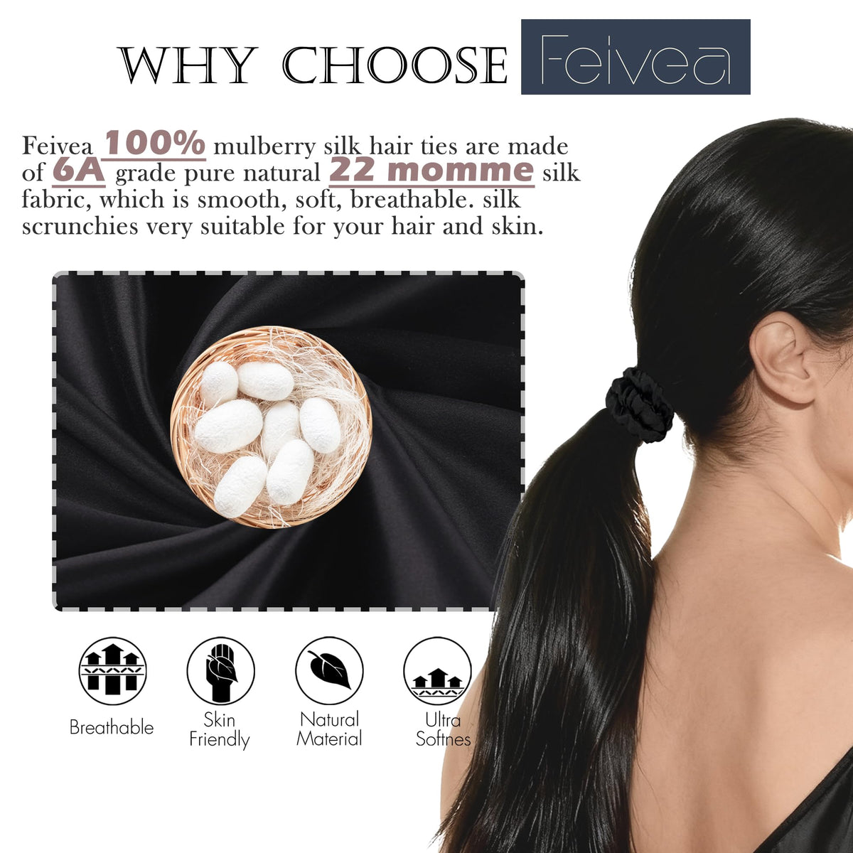 Feivea scrunchie securing a ponytail for secure hold without creases