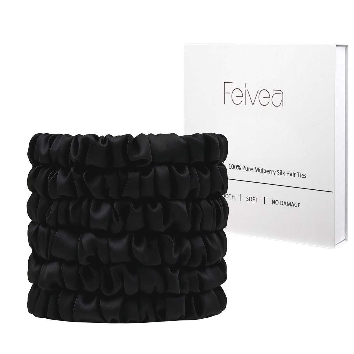 Feivea silk hair ties front packaging showing six black scrunchies protecting hair