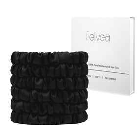 Feivea silk hair ties front packaging showing six black scrunchies protecting hair