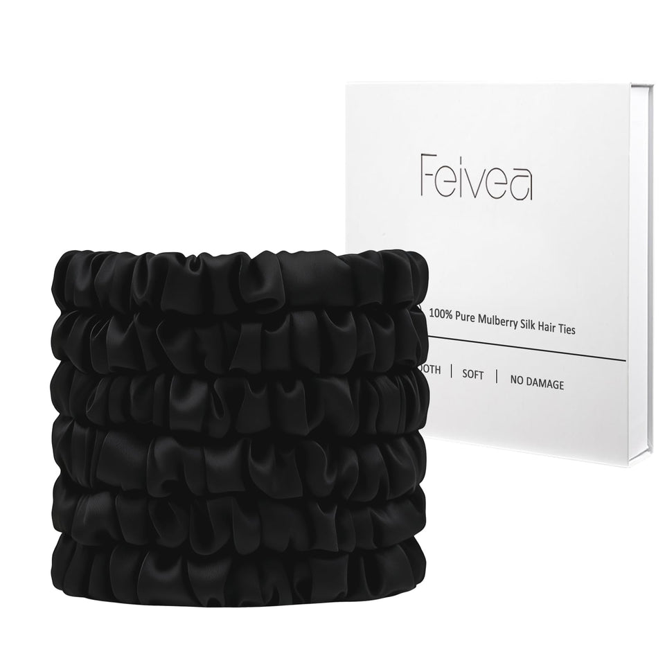 Feivea silk hair ties front packaging showing six black scrunchies protecting hair