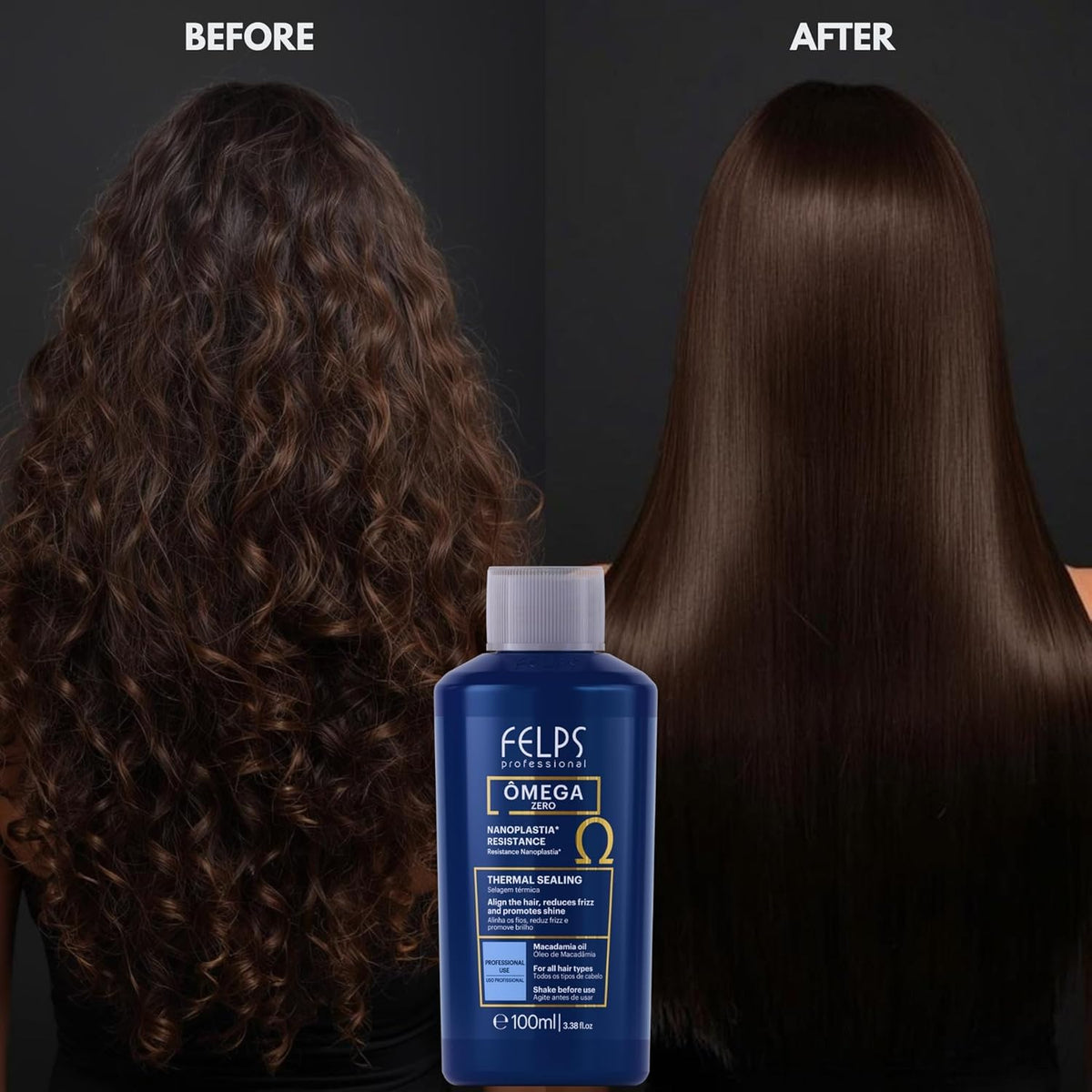 Felps Professional macadamia oil close-up highlighting nourishing shine and softness benefits