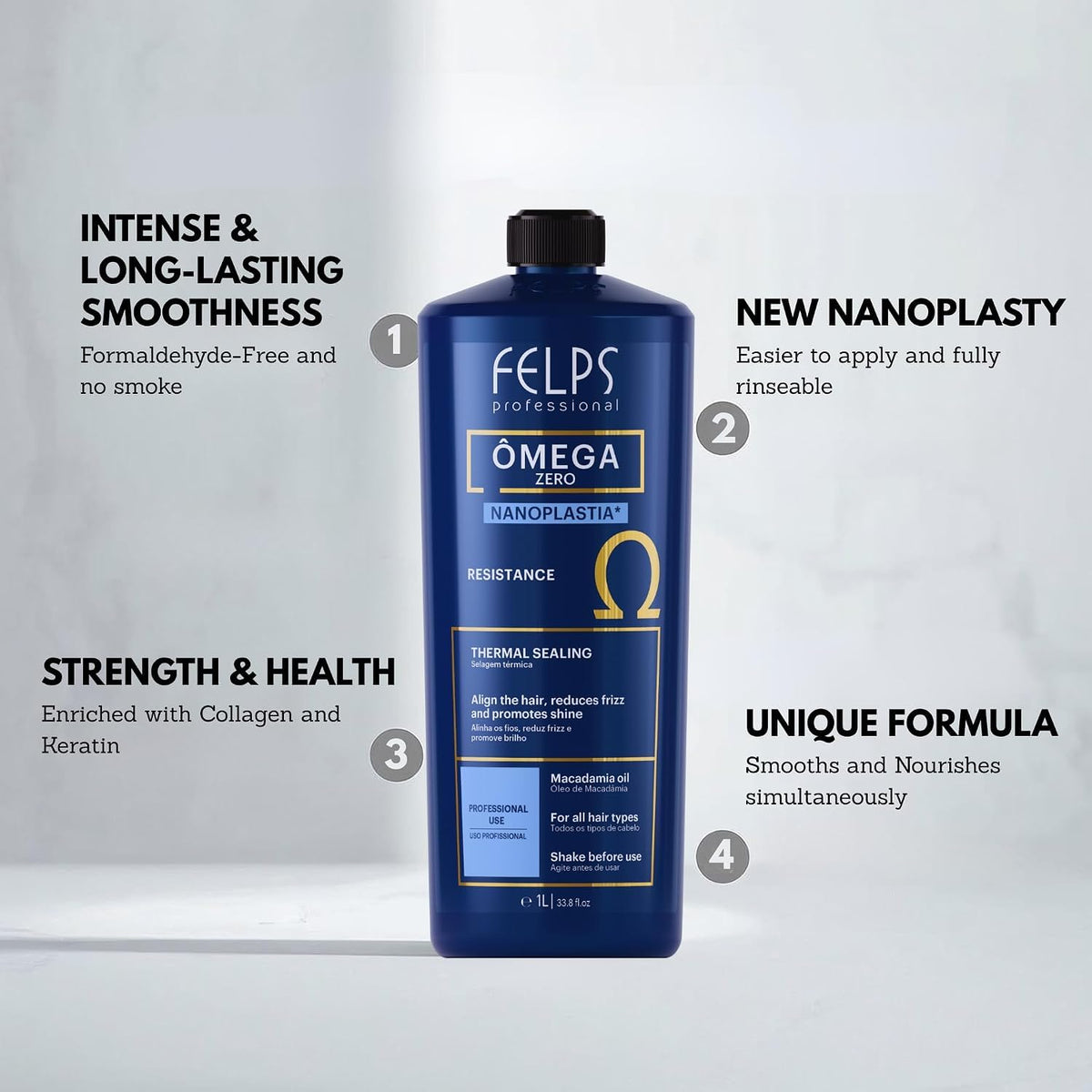 Felps Professional 500ml bottle beside hand for scale showing salon-sized economy benefit