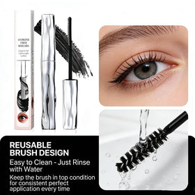 Felvaris mascara next to ruler size comparison showing compact travel-friendly design