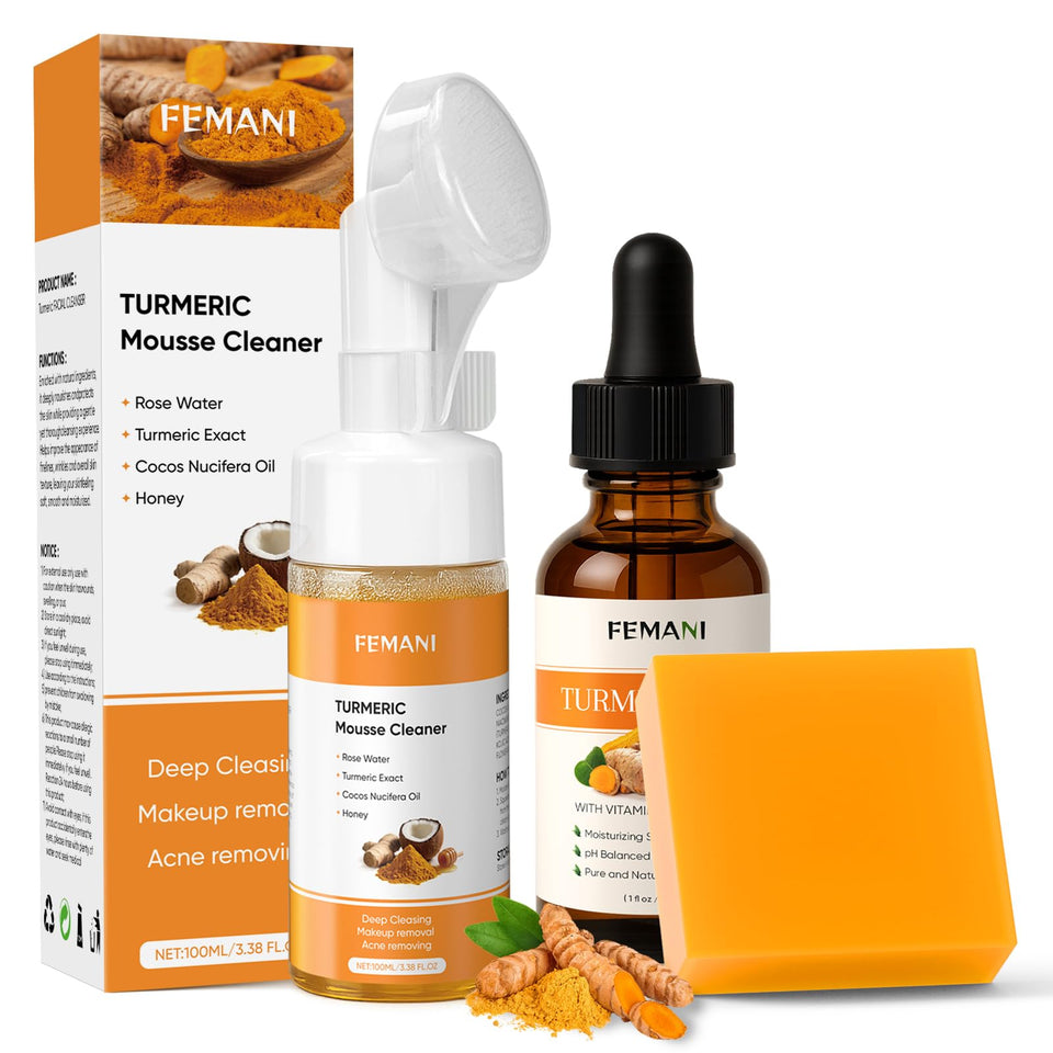 femani front packaging showing three-piece turmeric set, clear product presentation
