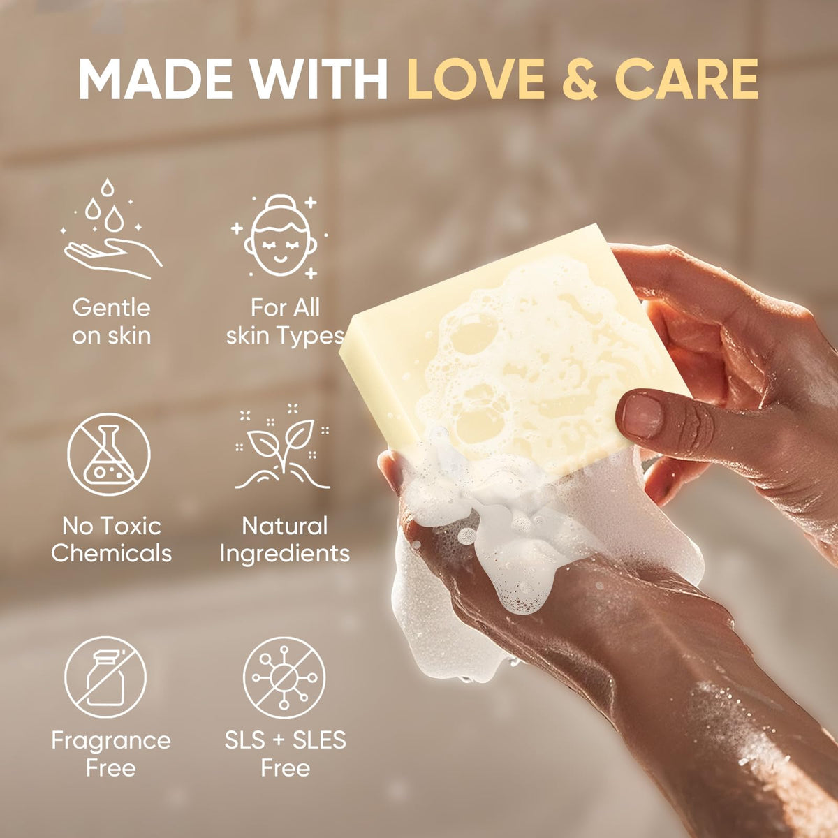 femani soap bar in hand showing true size and easy-to-grip benefit