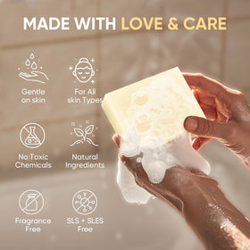 femani soap bar in hand showing true size and easy-to-grip benefit