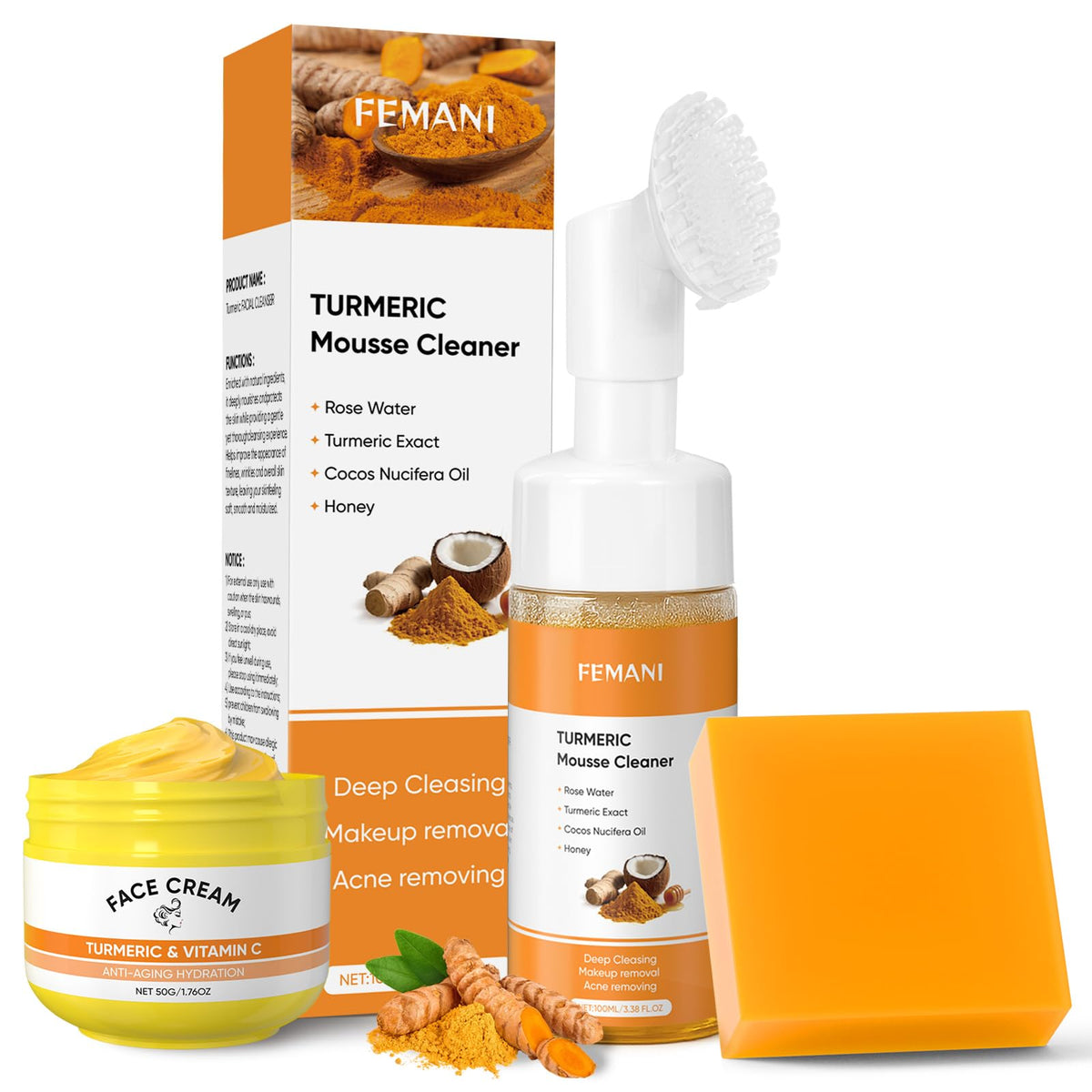femani front packaging showing full turmeric skincare set and clear benefits