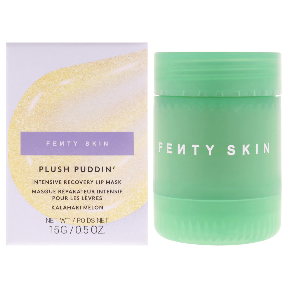 FENTY BEAUTY jar front view showing Plush Puddin mask and compact size benefit