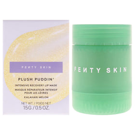 FENTY BEAUTY jar front view showing Plush Puddin mask and compact size benefit