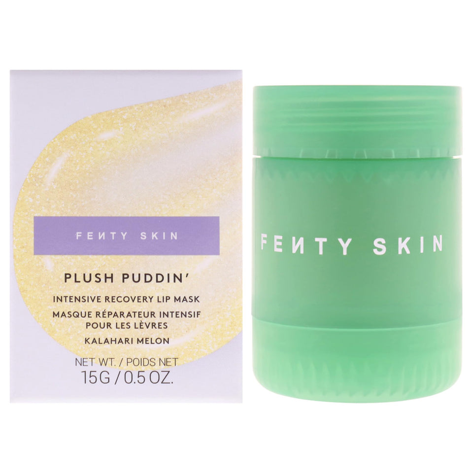 FENTY BEAUTY jar front view showing Plush Puddin mask and compact size benefit