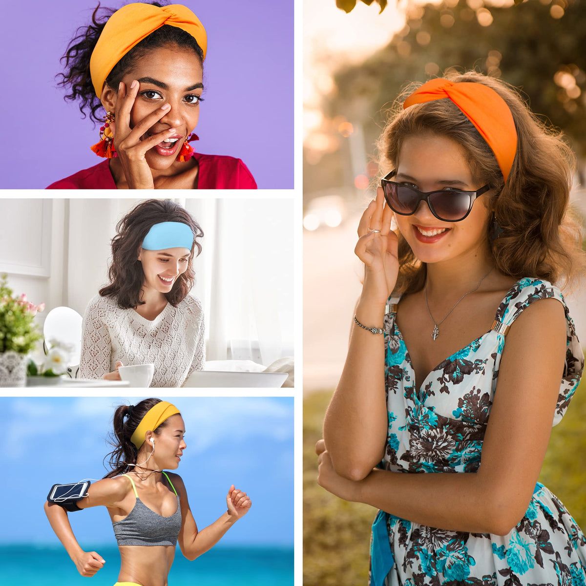 FEQO headbands styled with outfits showing color coordination and versatility